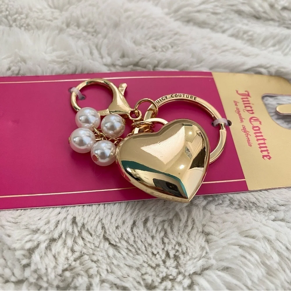 Juicy Couture Gold Heart Purse Keychain with Pearl Charms New